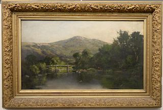 Thaddeus Defrees (1855-1888), oil on canvas, River Running Through New Hampshire, landscape, unsigned, old paper label on ver