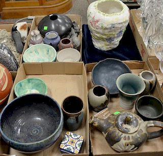 Three box lots with glazed pottery and stoneware including Hilario Quezada pottery black vase, stoneware teapot, vases, and c