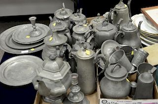 Five box lots of pewter teapots, chargers, cups, bowls, etc. Provenance: Estate of Arthur C. Pinto, MD