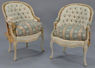 Pair of Louis XV style bergere with tufted backs and down cushions.