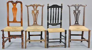Four early chairs including pair of country Chippendale side chairs, banister back side chair, and Queen Anne side chair with