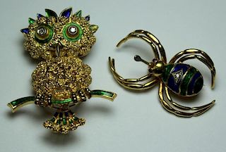 JEWELRY. 18kt Gold and Enamel Brooch Grouping.