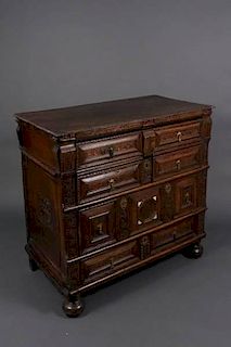 17th C. Stained Oak Carved Chest or Commode
