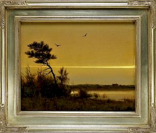 William R. Davis Luminist Twilight Marsh Painting