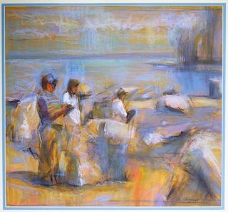Arleen Targan Landscape Fishing Pastel Drawing