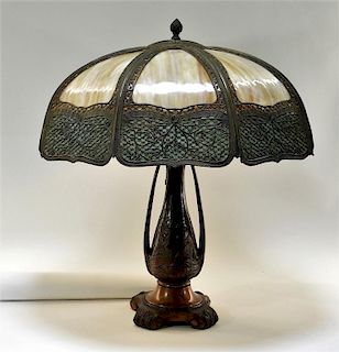 American Art Nouveau Blue Caramel Slag Glass Lamp