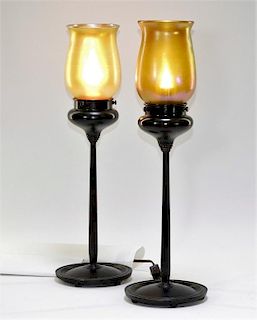 Attrib. Lundberg Studios Art Glass Bronze Lamps