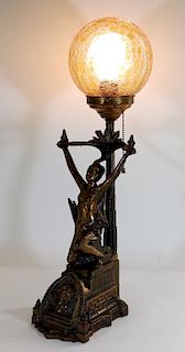 Sgd. New York Art Deco Nude Dancer Spelter Lamp