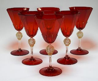6 Venetian Red Aventurine Art Glass Wine Goblets