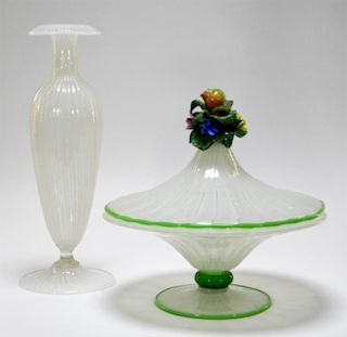 2 Italian Venetian Reticello Glass Compote & Vase