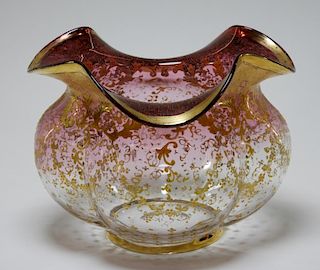 Moser Gilt Cranberry Art Glass Lobed Globular Vase