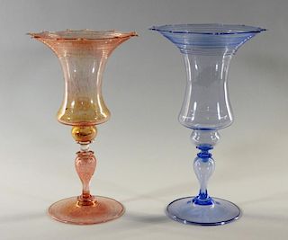 2 Italian Venetian Threaded Gold Fleck Glass Vases