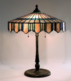 Attrib. Handel Leaded Glass Bronze Table Lamp
