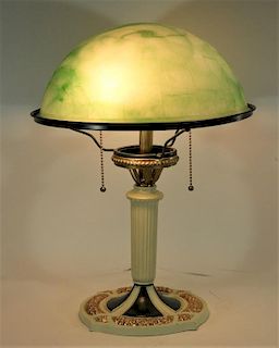 American Green Slag Glass Cold Painted Table Lamp