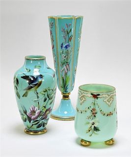 3 French Opaline Glass Enamel Decorated Vases
