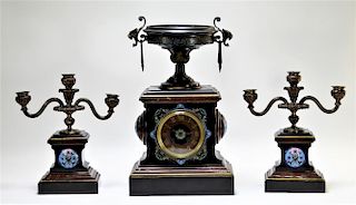 Tiffany & Co French Bronze Cloisonne Clock Set
