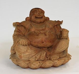 LARGE Chinese Carved Solid Teak Happy Buddha
