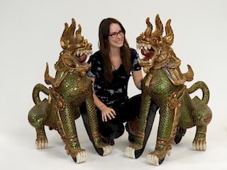 PR Thai Carved Jeweled Wood Singha Guardian Dogs