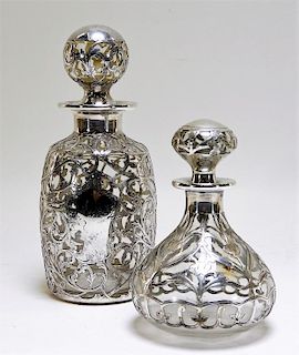 2 American Silver Overlay Glass Decanters