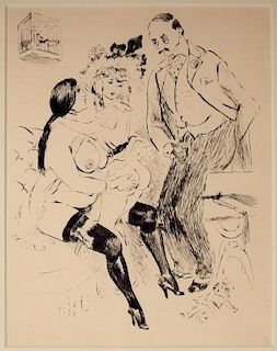 Marcel Vertes Erotic Etching of Man and Two Women
