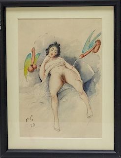 Attrib. Eysel Erotic Watercolor of Laying Woman