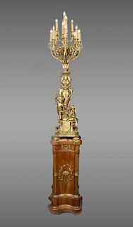 French Gilt Bronze Figural Candelabra on Stand
