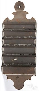 Pennsylvania tin hanging rack, 19th c., with a scalloped lollipop crest, 27 1/2'' h., 10 1/2'' w.