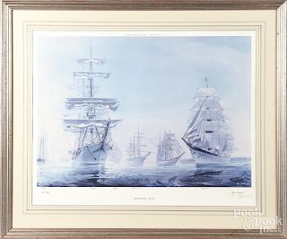 Kipp Soldwedel pencil signed print, titled A Gathering of International Ships Newport Harbor 1976,