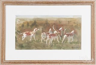 Robert Stack (American b. 1961), watercolor and gouache of five hounds, signed lower right, 10'' x 19