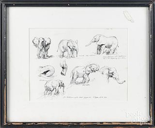Four works, to include an ink study of elephants by Robin Hin, watercolor birds in flight by James D