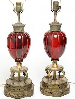Pair of Red Glazed Porcelain Lamps