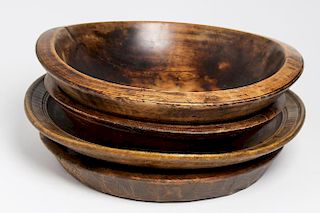 4 Antique Treen Wood Serving Bowls & Platters