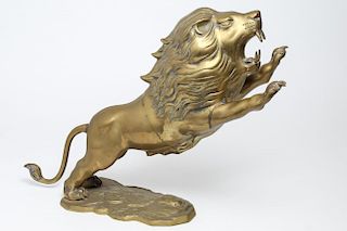 Cast Brass Vintage Lion Sculpture, Art Deco Style