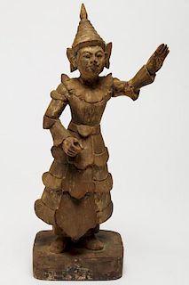 Thai Carved Wood Sculpture, Male Temple Dancer