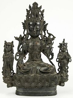 Antique Chinese Bronze Seated Buddha w. Attendants