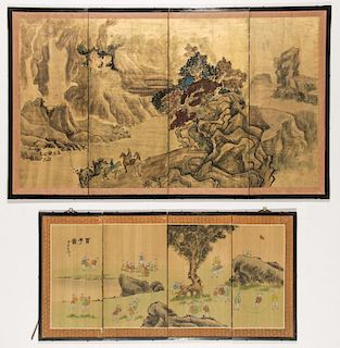 2 Asian Hand-painted Tabletop folding Screens