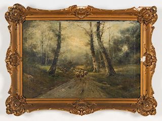 Antique Oil Painting of a Shepherd with Flock