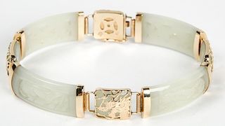 Jade and Gold Bracelet, marked 14k