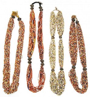 4 Old Tribal Multi-Strand Glass Bead/Brass Necklaces