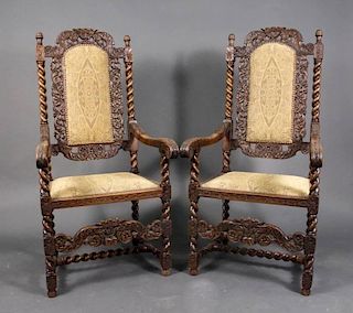 Pair of Carolean Style Oak Throne or Elbow Chairs