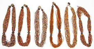 6 Old Tribal Multi-Strand Glass Bead/Brass Necklaces