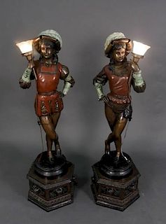Pair of Patinated Bronze Figural Floor Torchieres