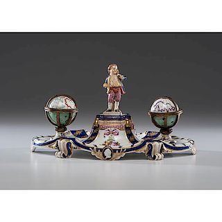 Sevres Porcelain Footed Inkstand with Globes