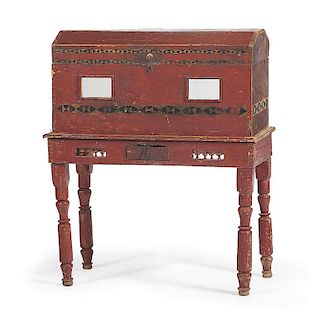Spanish Colonial Painted Chest on Stand with Mirrors