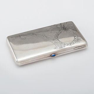 Russian Silver Cigarette Case with Sapphire Cabochon