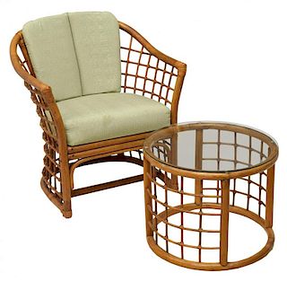 (2) RATTAN FRAMED FICKS REED CHAIR & SIDE TABLE