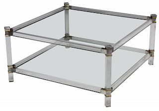 ITALIAN MODERN LUCITE & BRASS LOW TWO-TIER TABLE