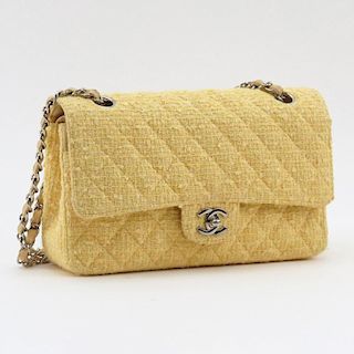 Chanel Yellow Tweed And Leather Double Flap Bag.