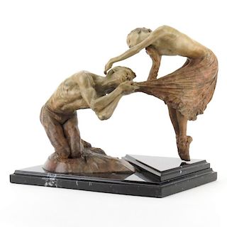 Richard MacDonald, American (b. 1946) Patinated Bronze Sculpture "Romeo and Juliet" on Stepped Marble Base.