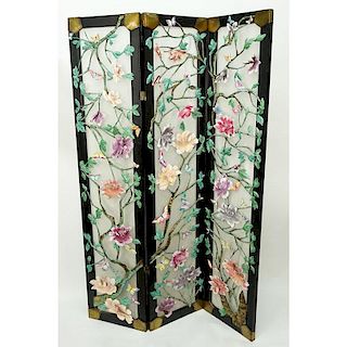 Lee Menichetti (20th C.) Hand Painted Metal Art Butterflies and Flowers 3 Panel Screen.
